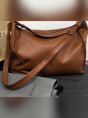 All Saints Brown Kita East West Leather Tote Bag with Braided Strap